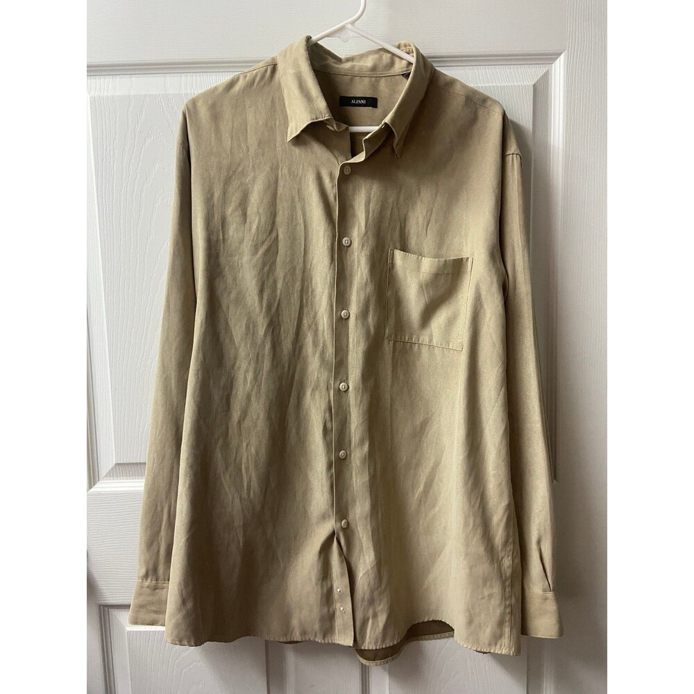 Alfani Mens Button Up Shirt Size Large Beige Front Pocket Long Sleeved Classic